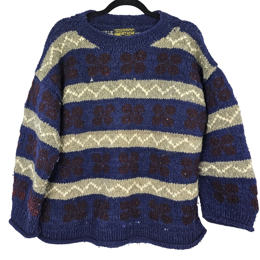 Rey Wear Handmade Ecuador 100% Wool Chunky Knit Striped Sweater‎ Blue Grey Large